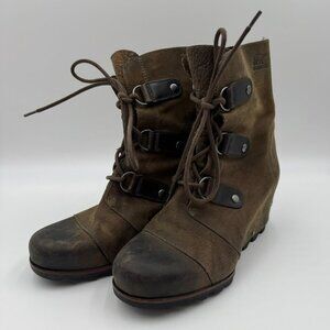 Sorel Joan Of Arctic Wedge Boots Brown Rustic Leather Lace-Up Womens Size 9